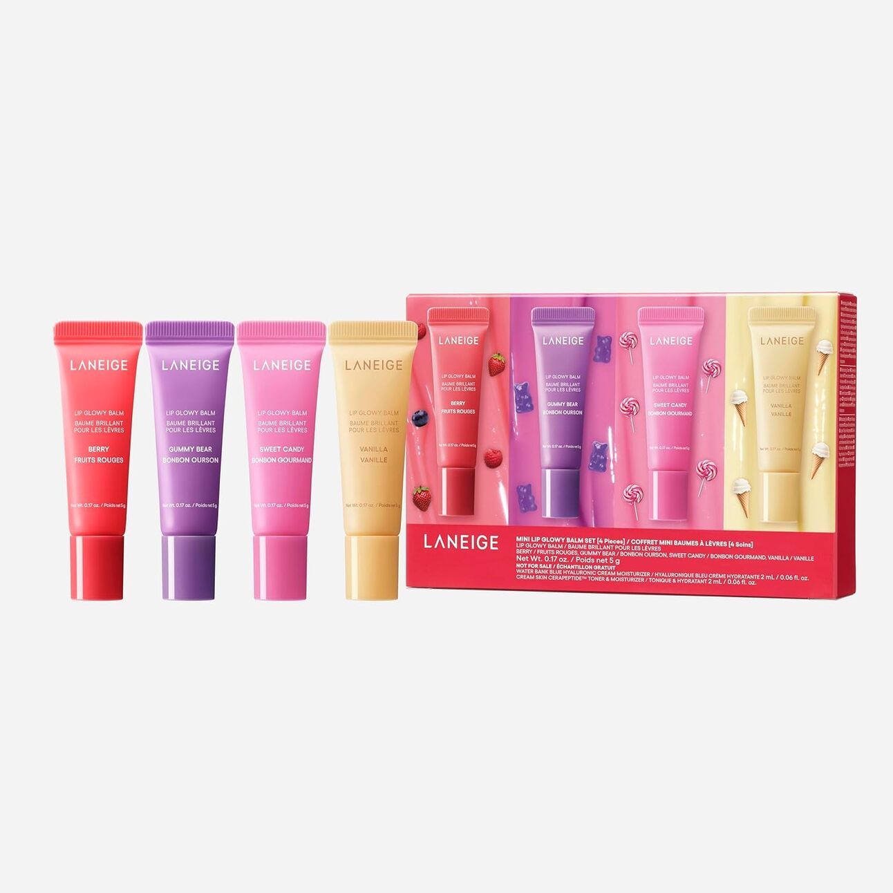 LANEIGE Glowy Skin Set Adorably packaged Laneige skincare set with toner, serum, and moisturizer in pastel-toned bottles, designed for a dewy skin look and perfect gifting.