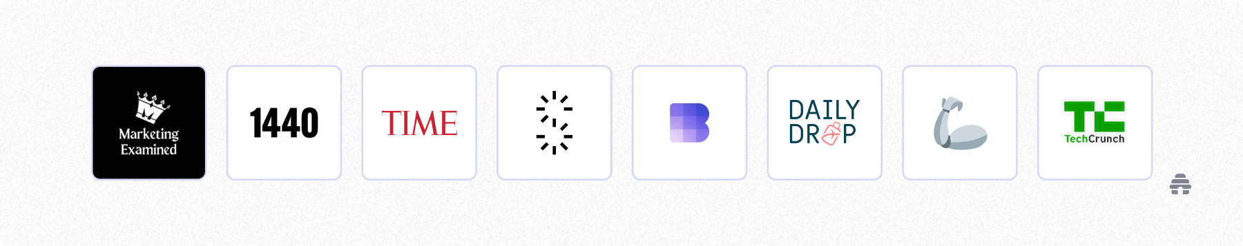 Row of recognizable newsletter and media brand logos, including Marketing Examined, 1440, TIME, Daily Drop, and TechCrunch, representing publications featured or integrated within the beehiiv creator ecosystem.