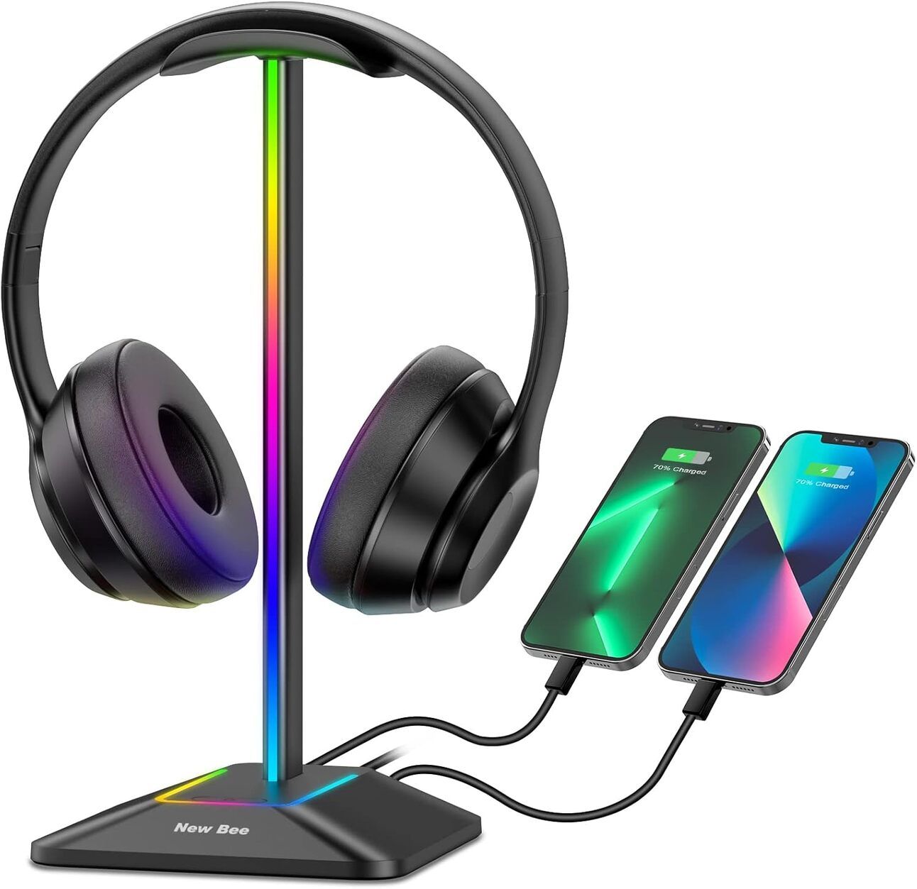 RGB Headset Stand – Utility Meets Aesthetic Alt text: RGB-lit headset stand with USB ports and wireless charging, perfect for gamers who want both function and colorful desk upgrades.