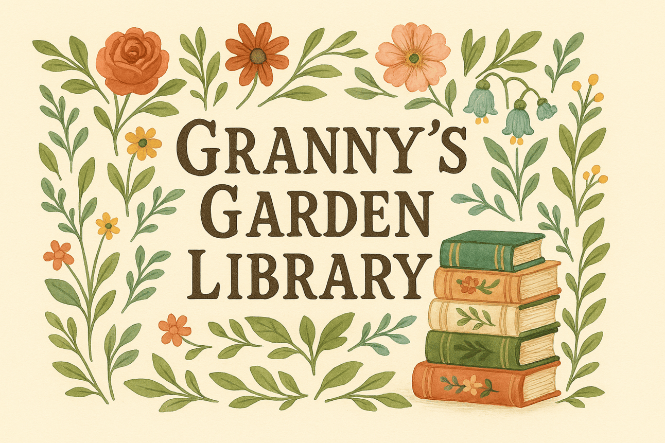 A hand-painted, landscape-format illustration with a warm cream background. The center reads “Granny’s Garden Library” in bold, vintage-style serif lettering. Surrounding the text are whimsical watercolor flowers and leafy stems, including roses, daisies, bluebells, and wildflowers in soft reds, oranges, pinks, and greens. On the bottom right, a tidy stack of five illustrated books sits, each adorned with floral patterns and bound in earthy colors like green, beige, and terracotta. The overall aesthetic evokes a cozy, garden-themed storybook feel.