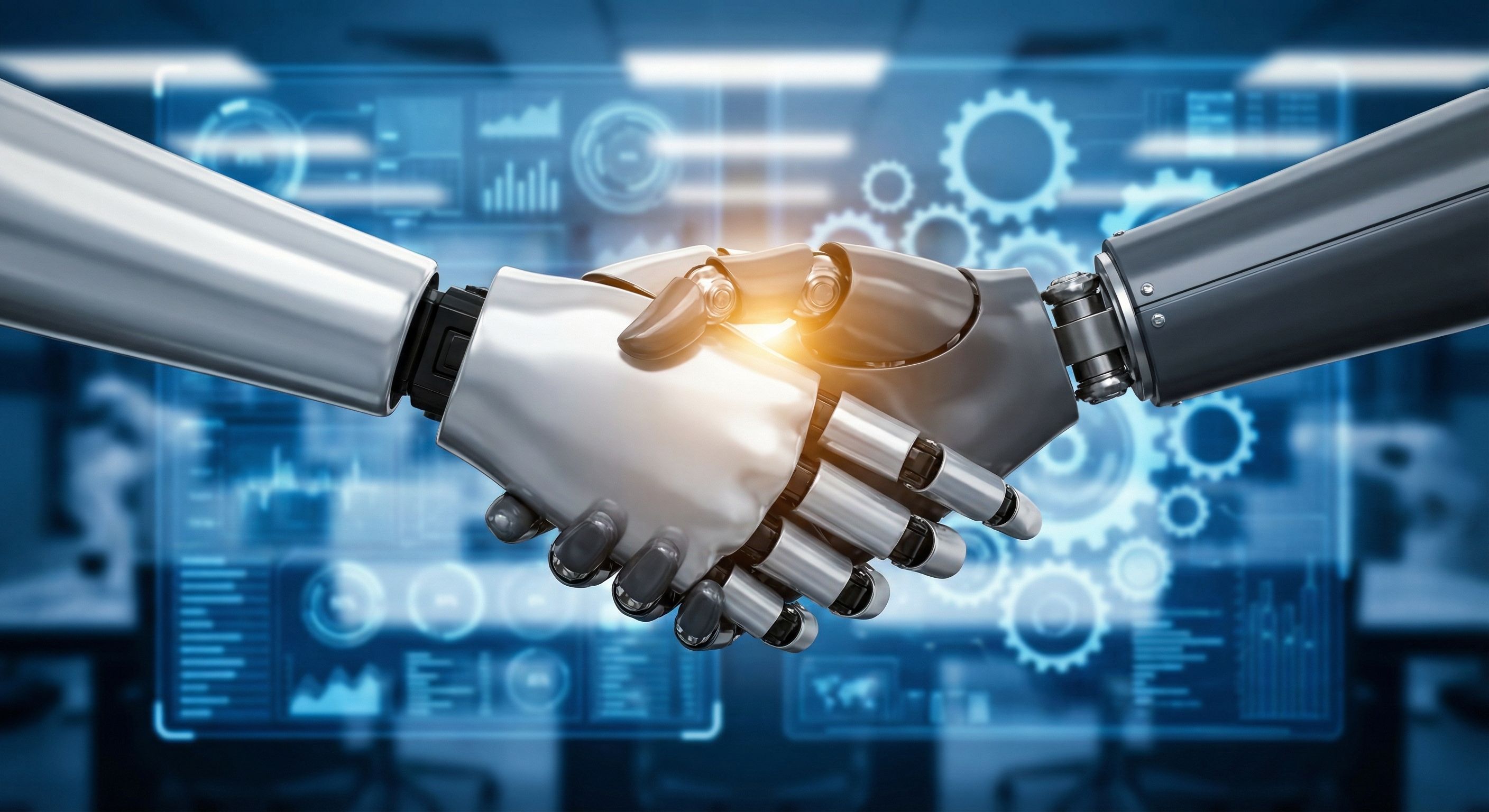 Ai robots hands shaking each other in solidarity and unity
