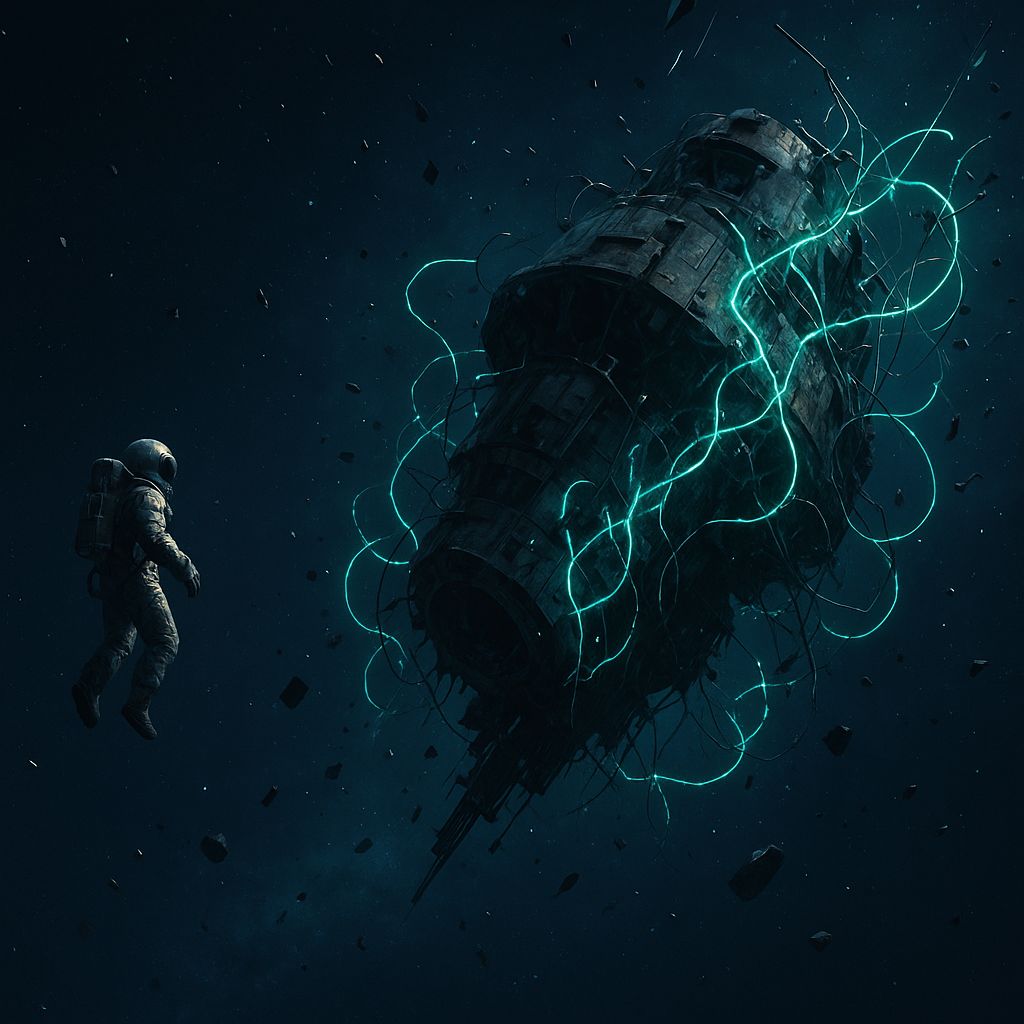 Wide shot of an astronaut on the far left and a large derelict spacecraft with glowing vines dominating the right, creating a dynamic and unbalanced layout in space.