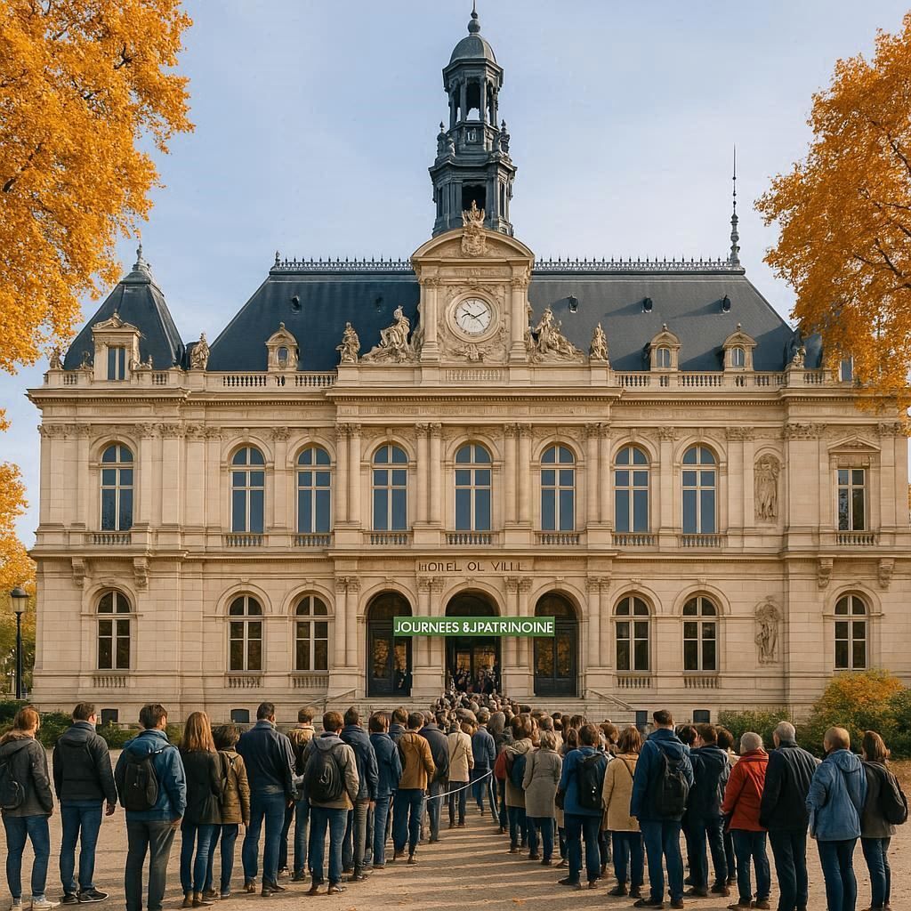 People waiting in line to visit a historic French town hall during Heritage Days weekend