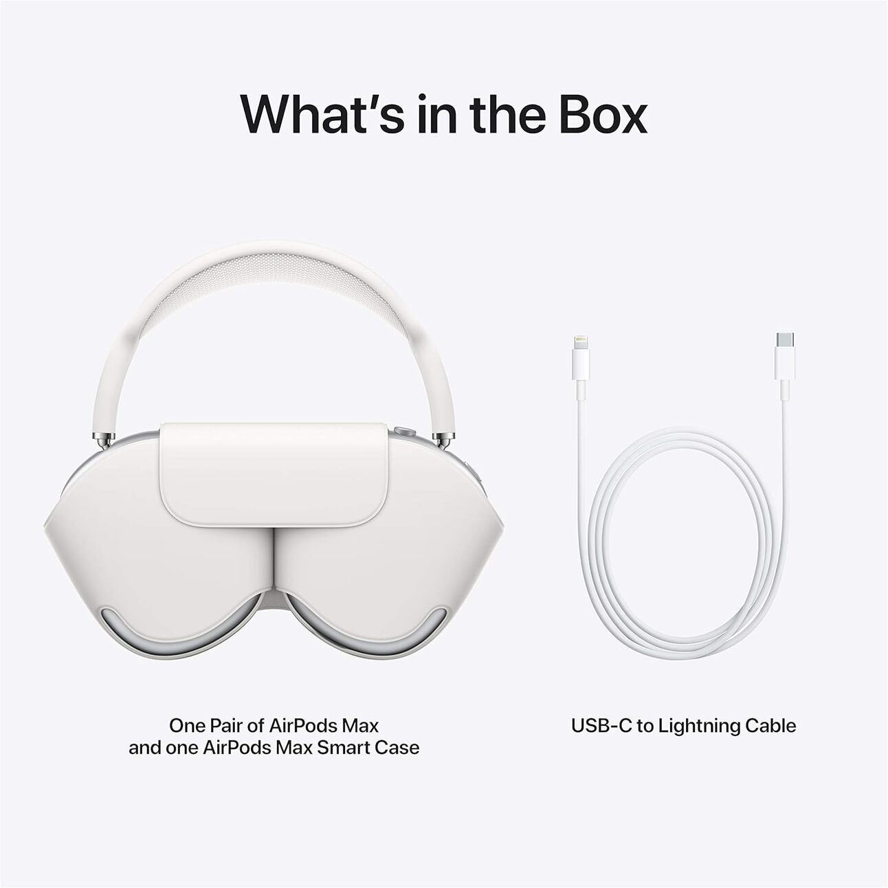 A labeled image of AirPods Max packaging contents, featuring a pair of AirPods Max with a smart case on the left and a USB-C to Lightning cable on the right.