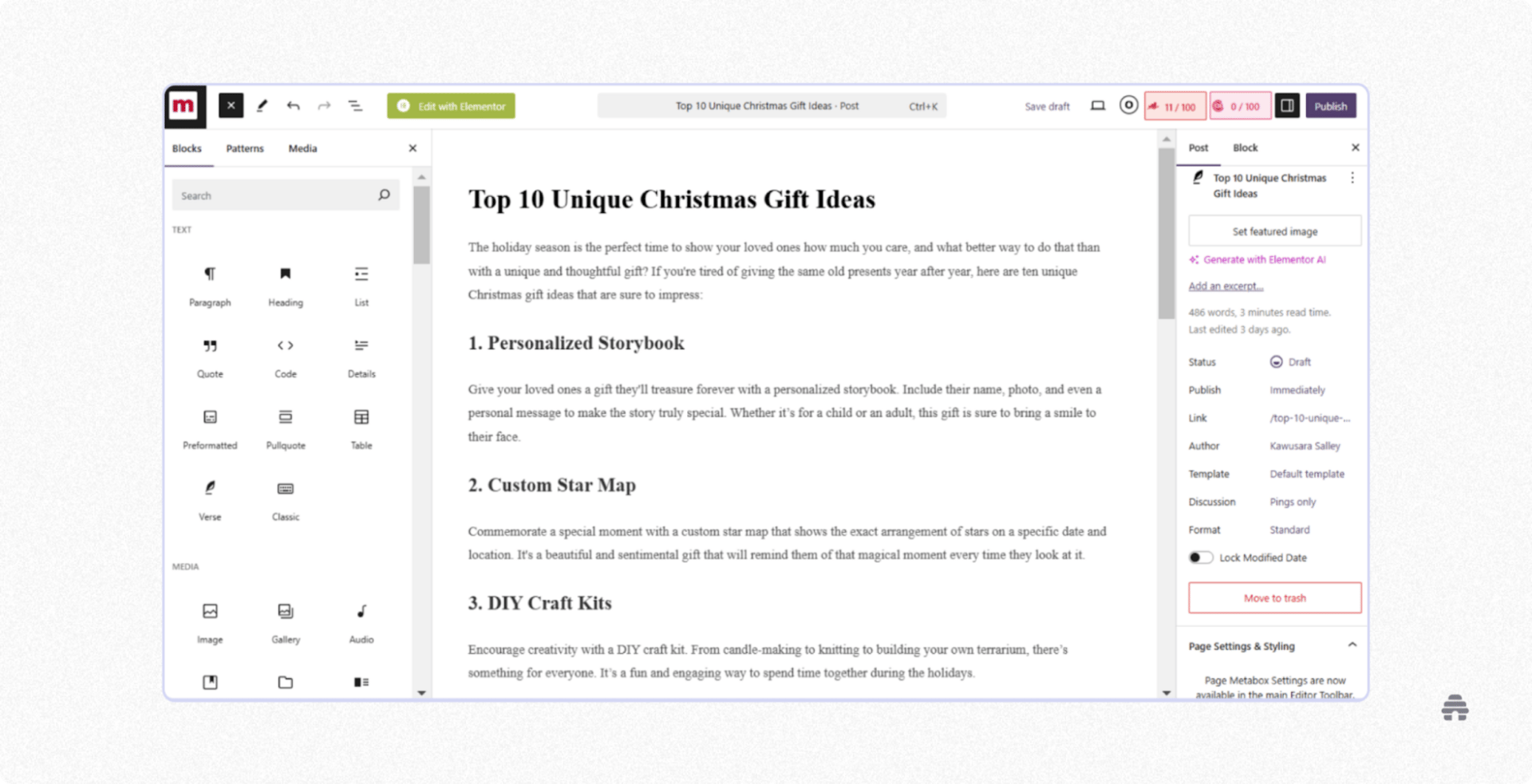 WordPress block editor showing a blog post titled “Top 10 Unique Christmas Gift Ideas” being drafted, with content blocks on the left and post settings and publish controls on the right. The screen illustrates a creator editing long-form content and managing metadata for SEO and publishing.