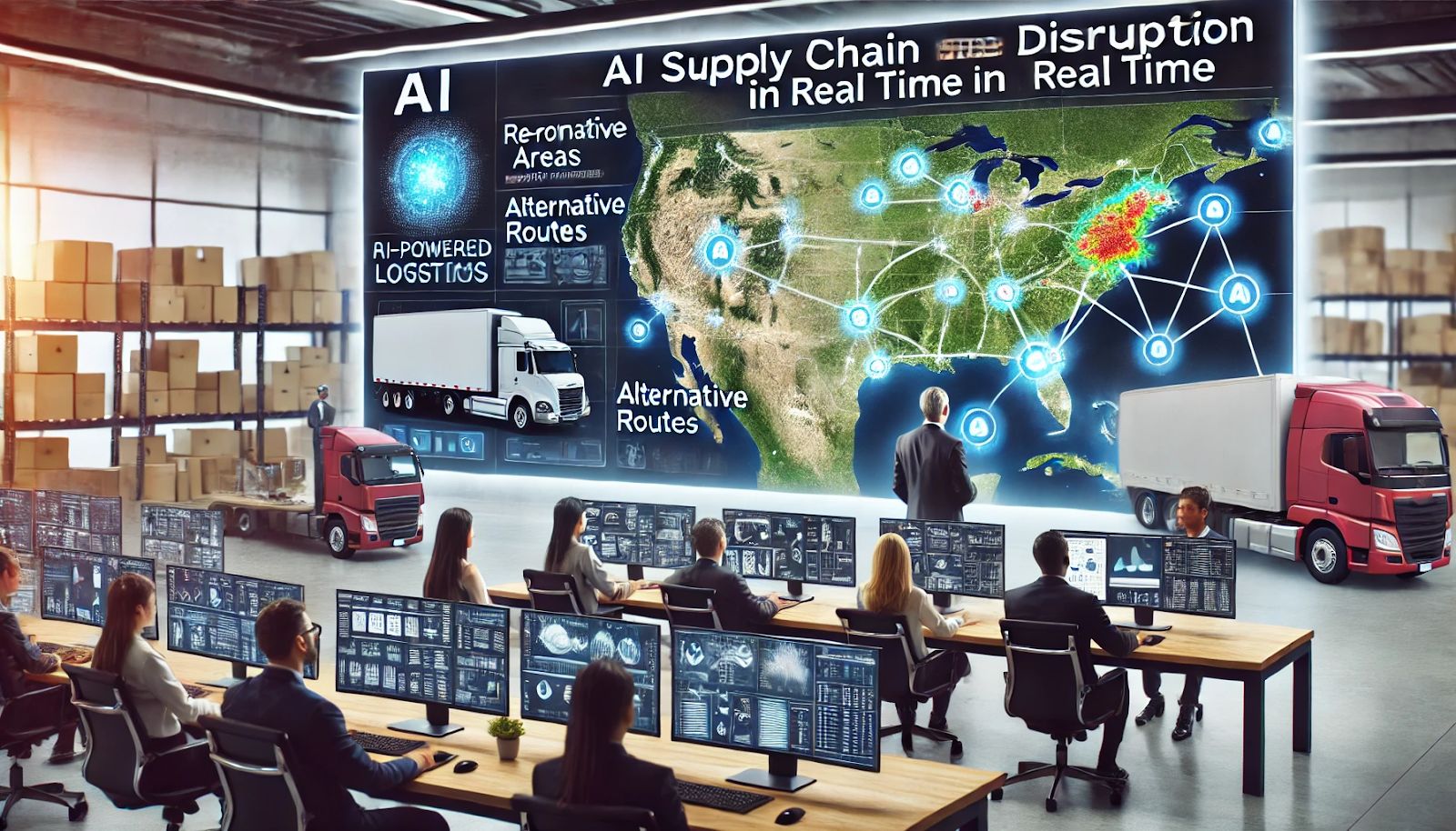 A busy supply chain hub being disrupted by a storm, with an AI system re-routing logistics in real-time on large screens, showing affected areas and new routes.