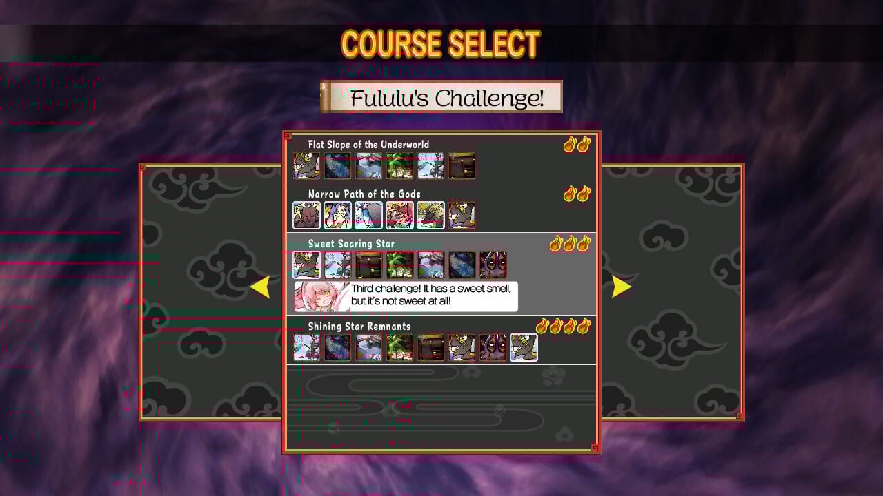 The game mode and level select screen from Mamorukun ReCurse, here displaying the challenges from Fululu, which increase in both number of stages and difficulty as you go.