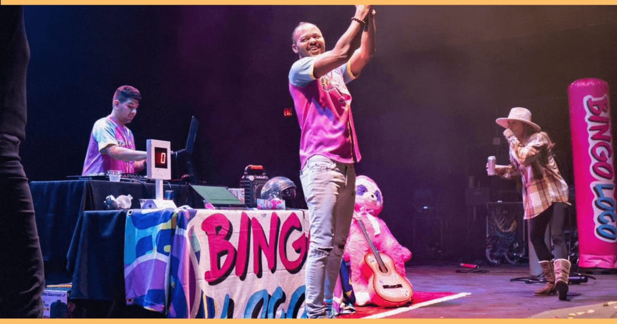 Attendees on stage at The Lincoln's Bingo Loco event.