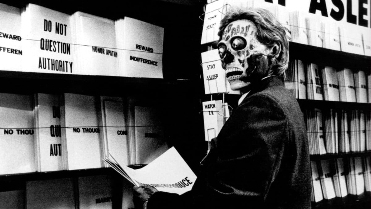 A scene from the film "They Live" revealing reality is not quite what it seems
