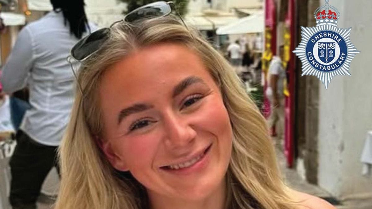 A white woman wearing sunglasses on her head smiles at the camera. In the right corner, a symbol for CHESHITE CONSTABULARY is shown.