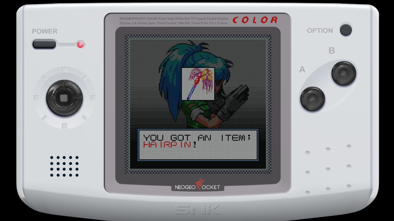 A screenshot showing the moment Leona won the hairpin, with a text box over a portrait of her that reads, "You got an item: Hairpin!"