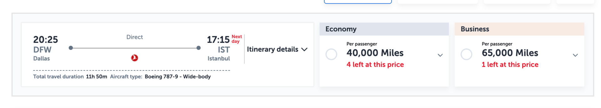 Dallas to Istanbul for 65,000 Turkish miles in business class