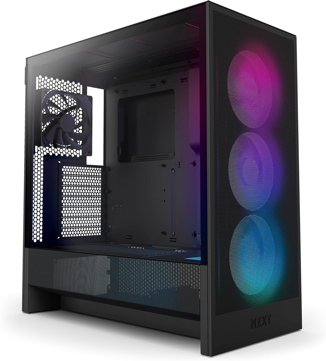 NZXT H5 Flow Starter PC – The Aesthetic Gem A white PC tower with a clear glass side revealing colorful internal lighting, perfectly styled for a teen’s gaming corner with Minecraft and Roblox on screen and LED strips around the desk.