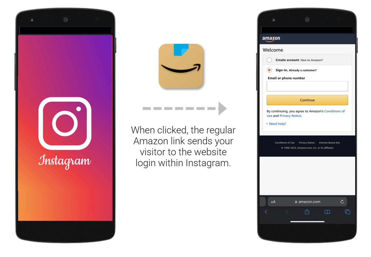 Graphical user interface, application Description automatically generated Link from the Instagram App to the Amazon App