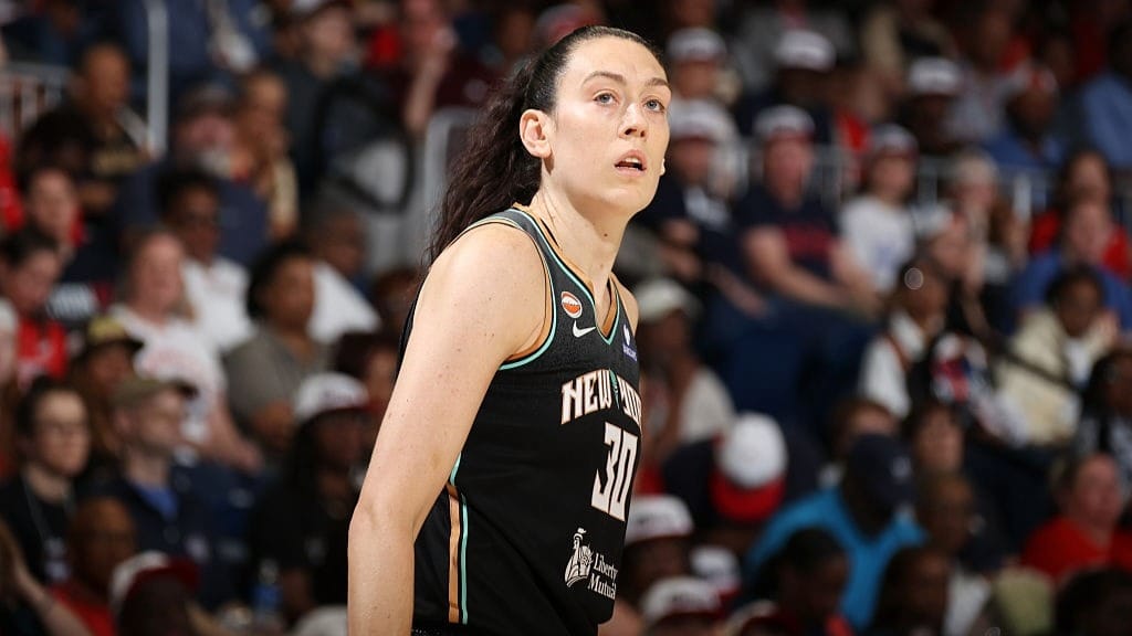 Breanna Stewart #30 of the New York Liberty looks on during the game against the Washington Mystics on May 10, 2026 at Entertainment and Sports Arena in Washington, D.C.