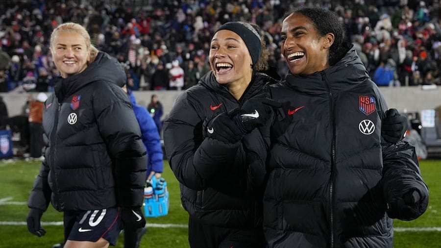 Trinity Rodman #2 and Naomi Girma #4 of United States celebrate following the team's victory in the international friendly match between United States and Japan 