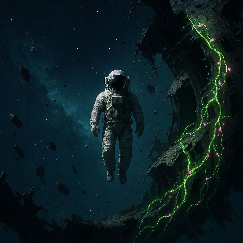 Wide shot of an astronaut floating in the center of the frame near a derelict spacecraft overgrown with glowing neon vines, surrounded by stars and nebulae.