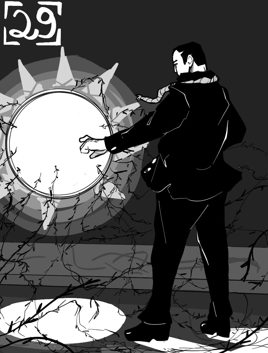 Desenho monocromático. O desenho mostra Nicolas, um homem com terno e sapatos pretos, usando uma corda de forca ao redor do pescoço. Na frente dele há uma esfera de luz por onde saem gavinhas escuras que se espalham pelos arredores e parecem fluir para Nicolas. No lado direito há o número vinte e nove para indicar o capítulo.
