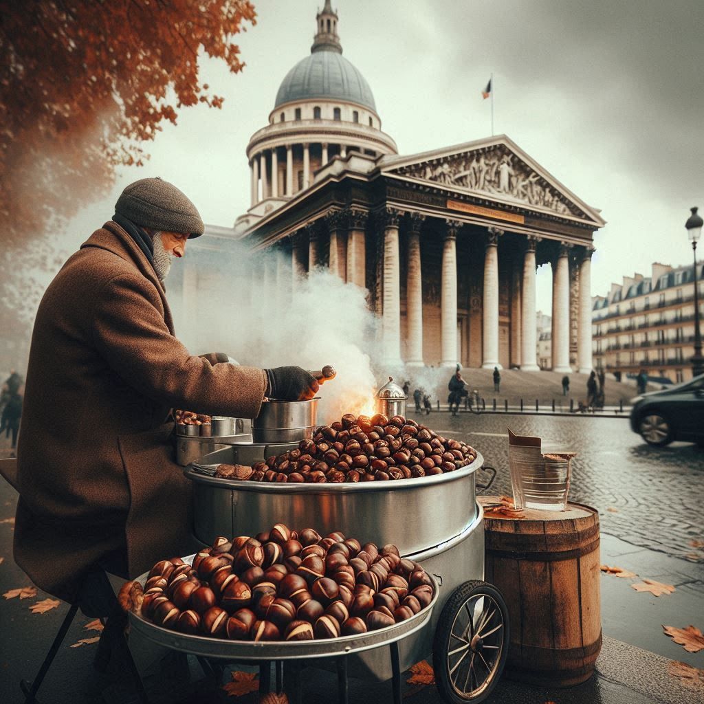 Vendeur de marrons chauds avec son chariot devant le Panthéon en automne