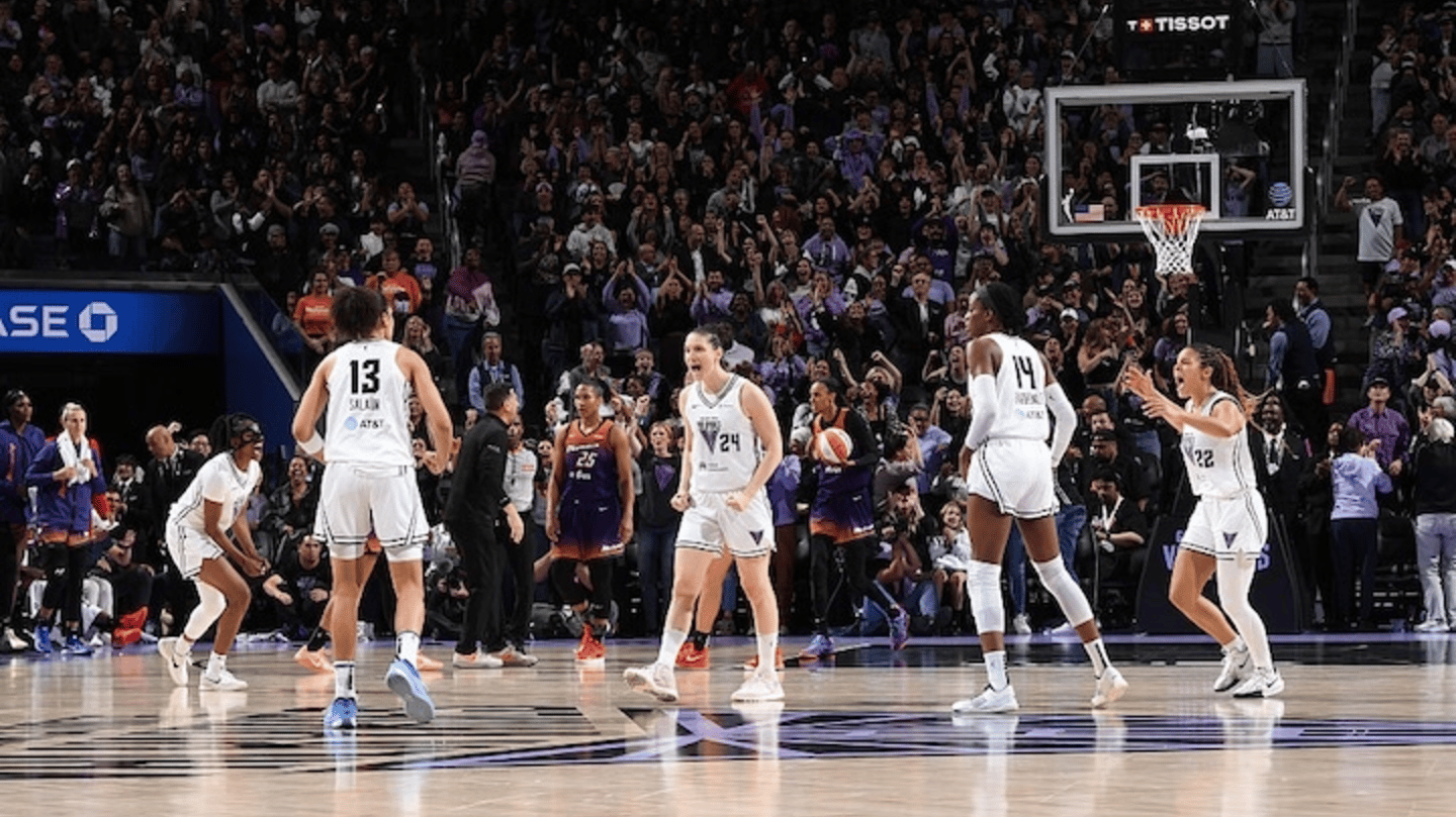 Janelle Salaun #13 of the Golden State Valkyries celebrates after scoring the game tying basket
