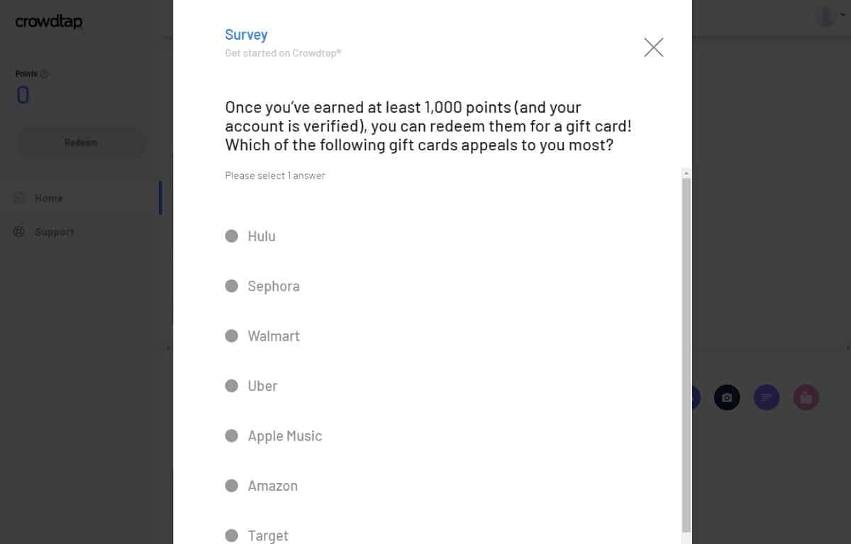 Crowdtap gift card choice