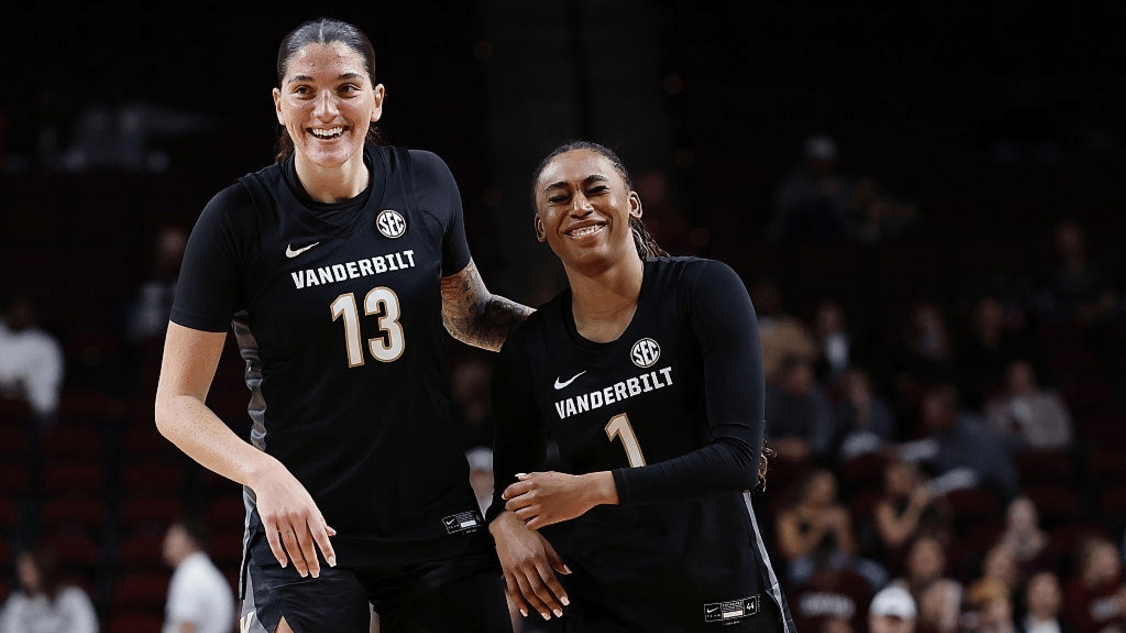 Justine Pissott #13 and Mikayla Blakes #1 of the Vanderbilt Commodores react against the Texas A&M Aggies during the second half at Reed Arena on January 11, 2026 in College Station, Texas.