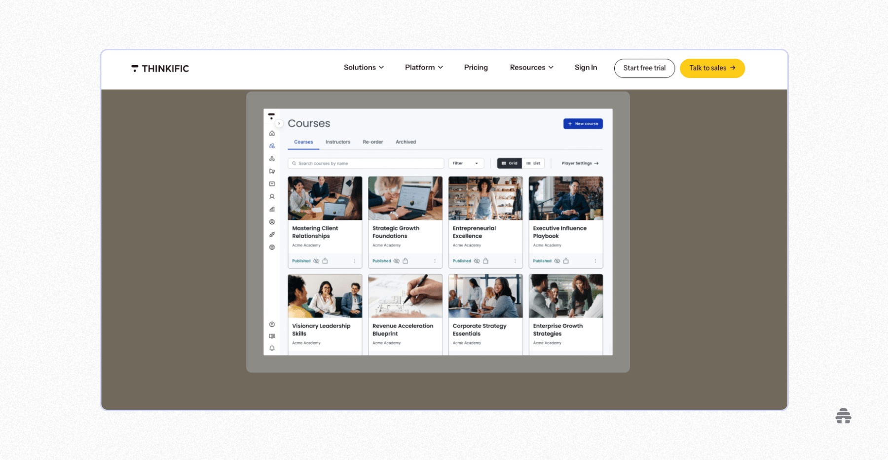 Thinkific course platform dashboard showing multiple online courses, illustrating tools for creators to build, manage, and sell digital learning products.