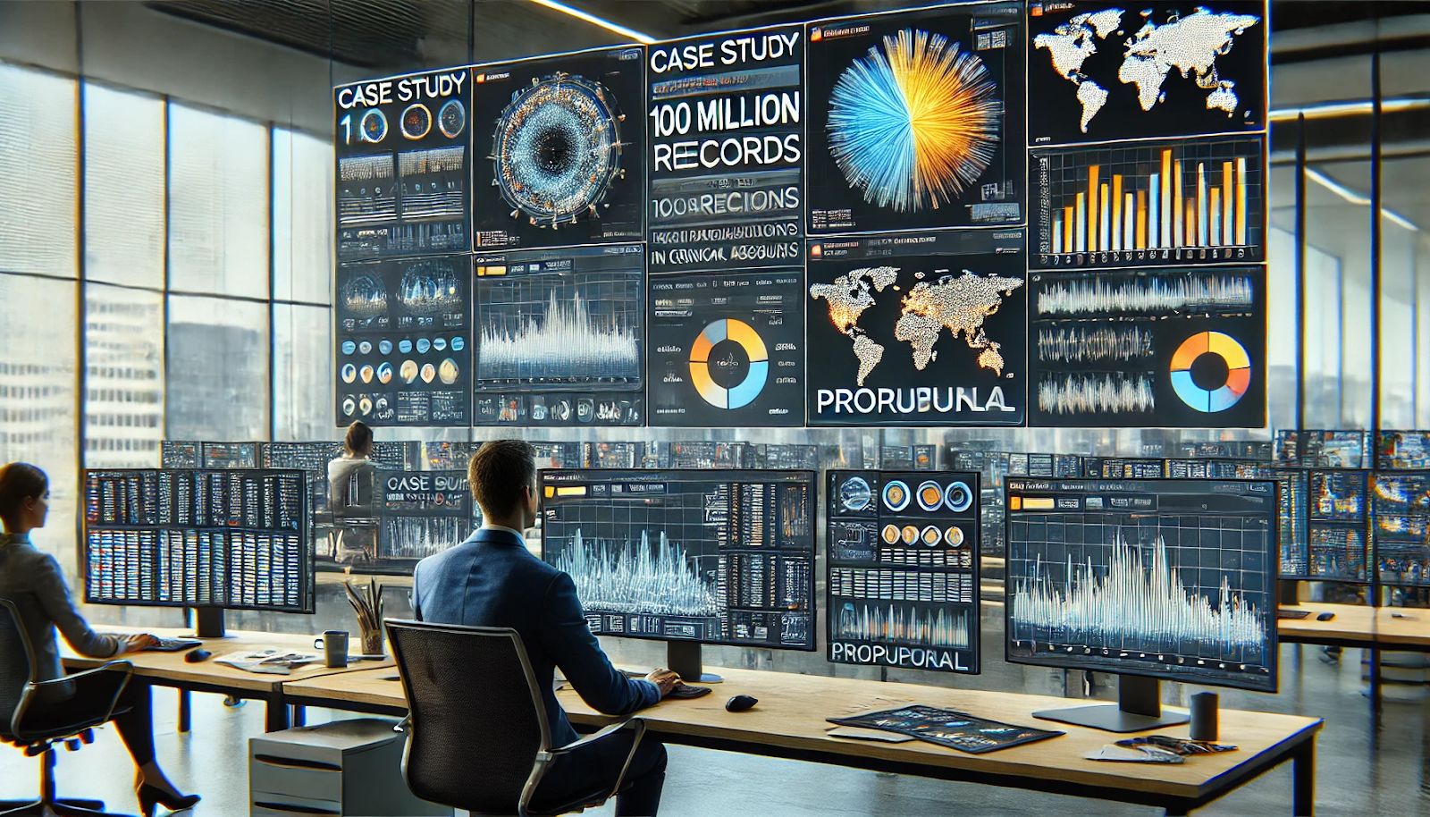 A data scientist analyzing vast datasets using AI algorithms in a modern office setting. Multiple computer screens show complex data visualizations, including bar charts, heat maps, and correlation graphs. A central screen displays a case study from ProPublica, demonstrating the use of AI to analyze 100 million records for racial bias in criminal risk assessments.