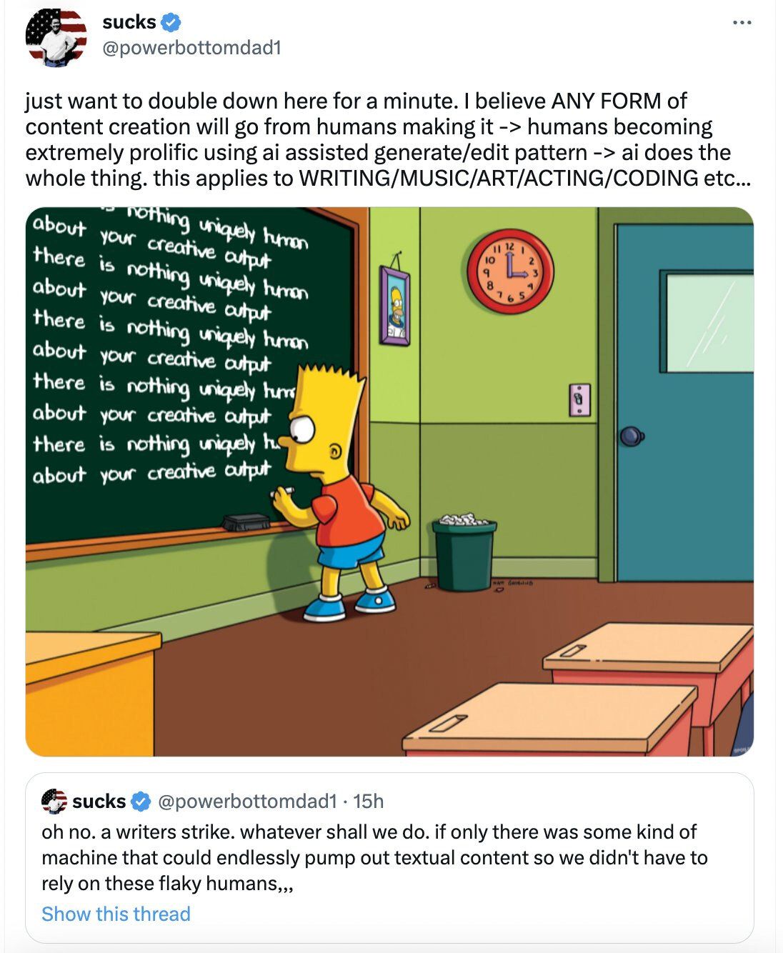 screenshot of a pair of tweets by @powerbottomdad1 claiming that AI can and should replace human artists