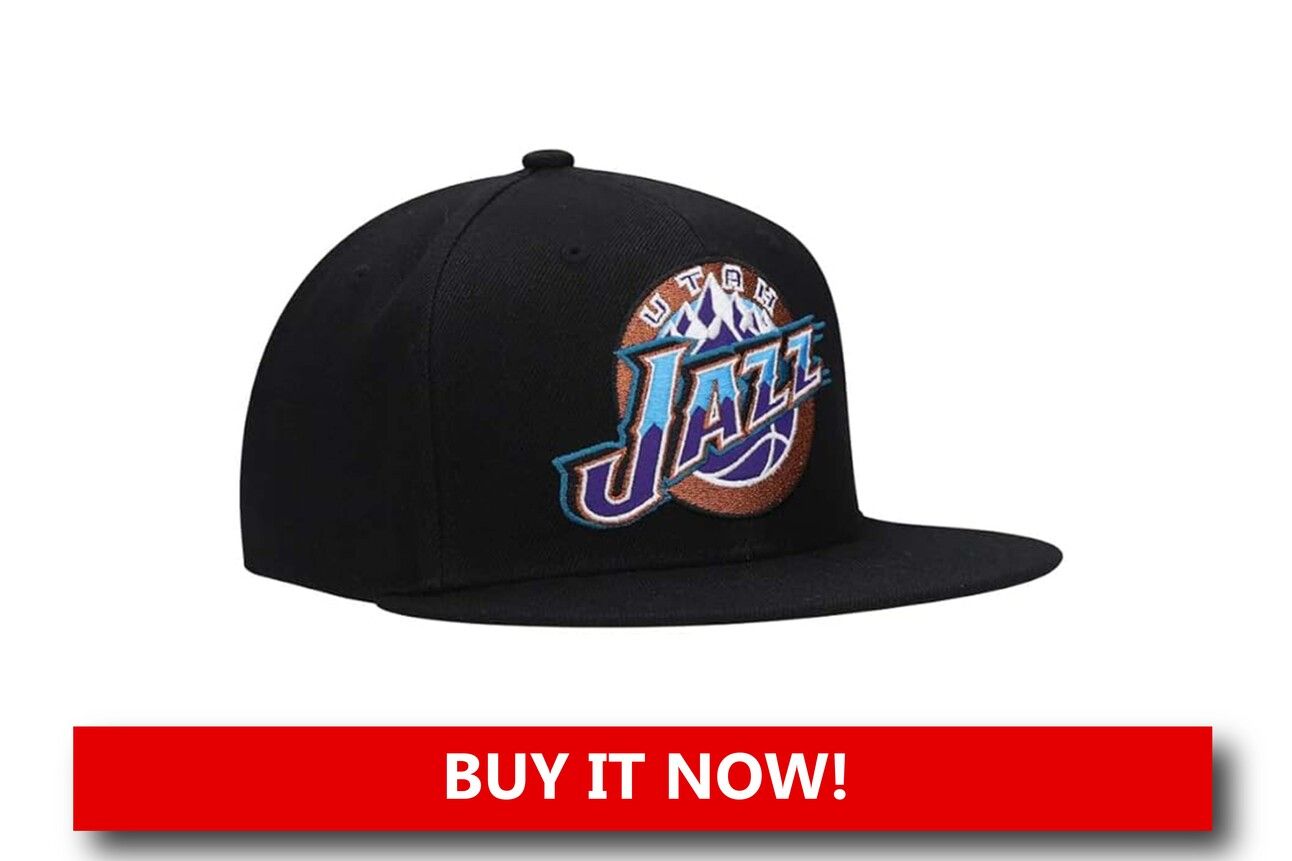 Utah Jazz Retro Logo Snapback Hat Adjustable snapback hat with vintage Utah Jazz note logo in purple and green.