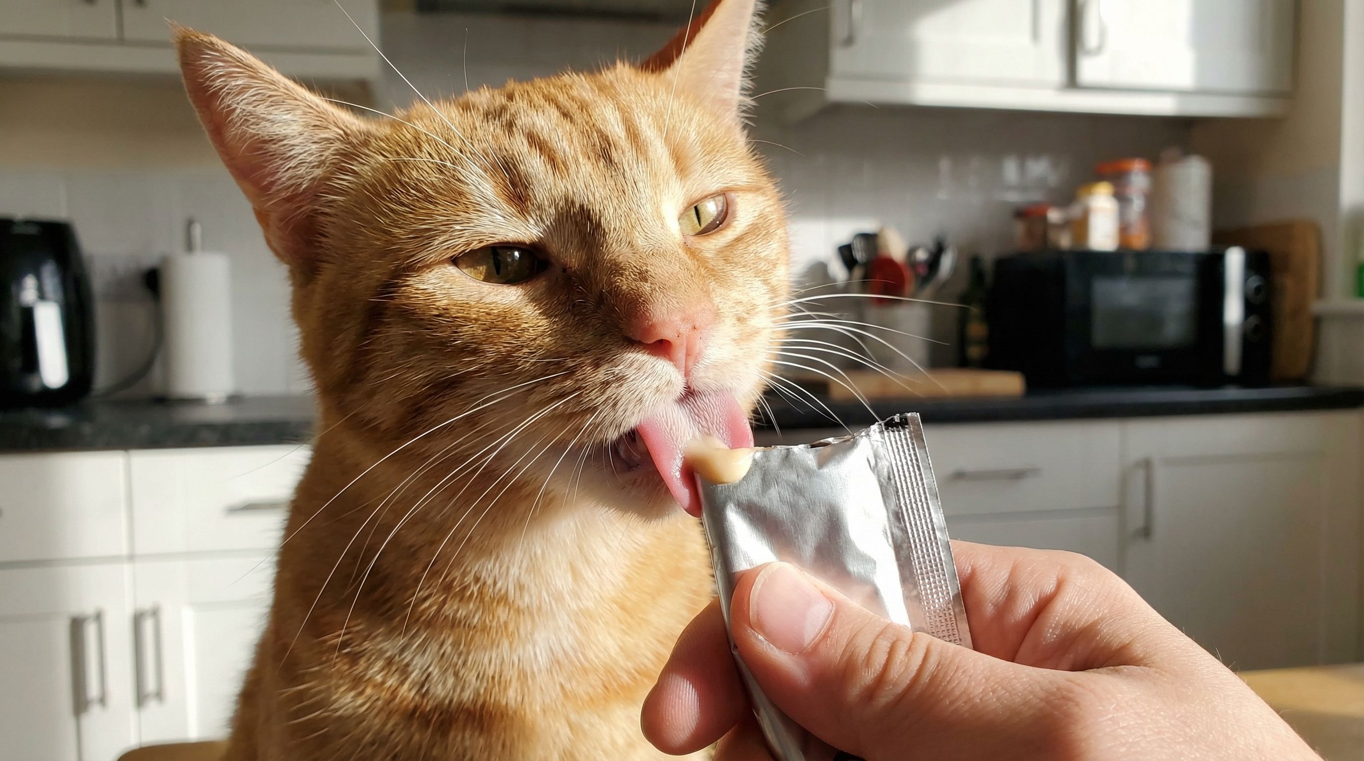 cat licking treat from tube pouch