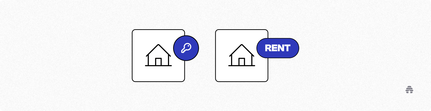 beehiiv-style illustration of two properties labeled with a key and “rent,” representing owned vs rented audience channels in newsletter growth and distribution.