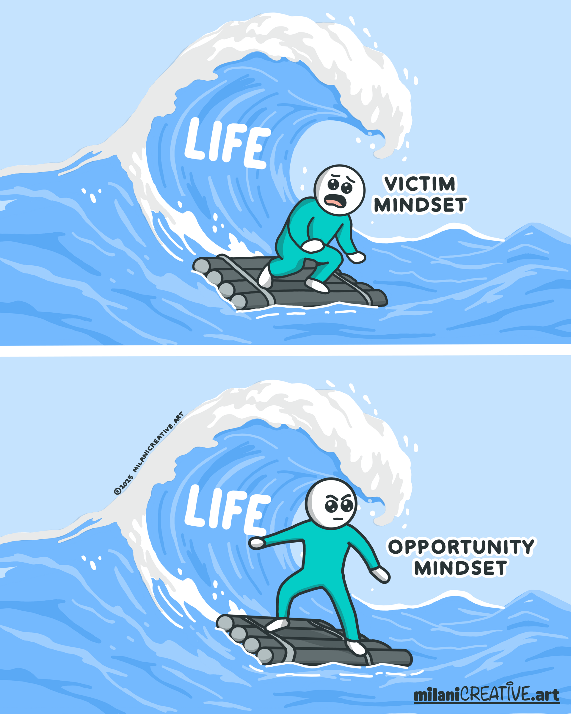 Illustration by milaniCREATIVE.art showing two contrasting responses to life’s challenges using a wave metaphor. In the top panel labeled “Victim Mindset,” a worried character crouches on a raft as a giant wave labeled “Life” looms behind them. In the bottom panel labeled “Opportunity Mindset,” a determined character stands up confidently on the same raft, ready to ride the same wave. The image contrasts fear versus empowerment in the face of adversity.