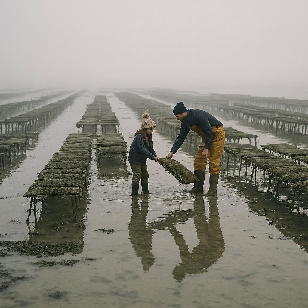 Père et fille travaillant ensemble dans les parcs à huîtres de Cancale par un matin brumeux de décembre.