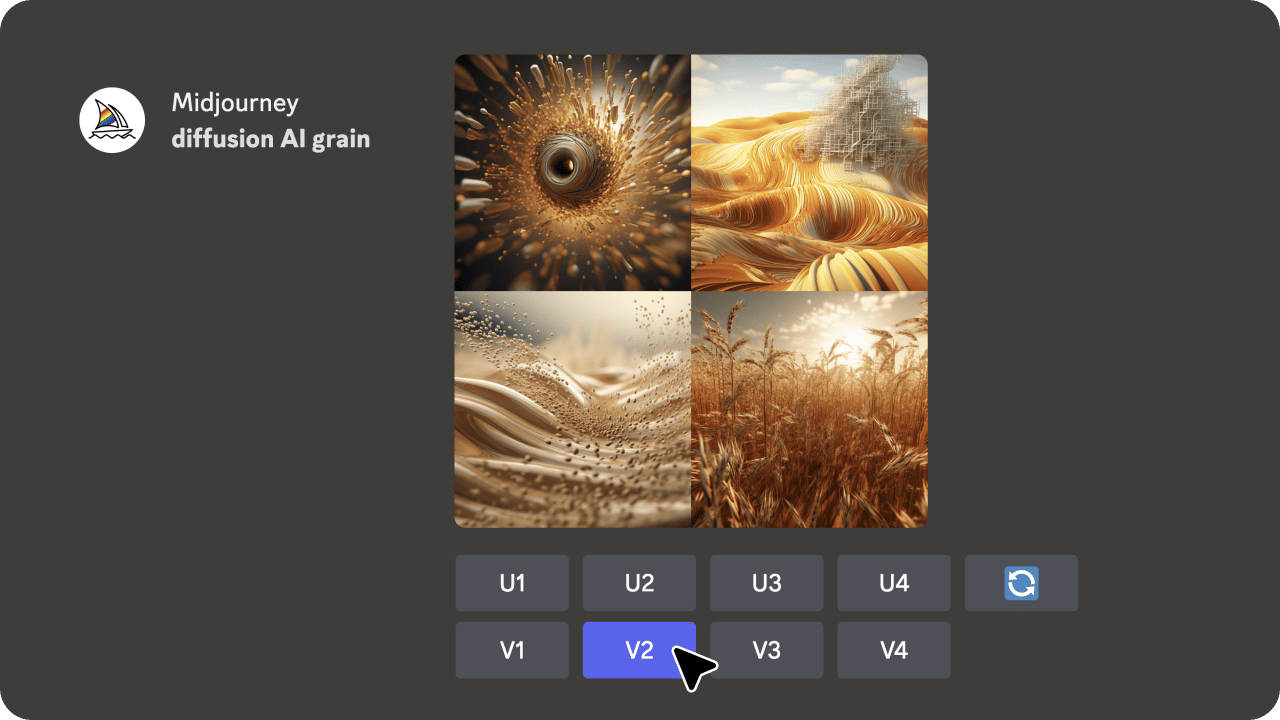 This image features four abstract visual representations, possibly generated by an AI called Midjourney, showcasing "diffusion AI grain." The visuals include a central spiral structure, a flowing wave-like formation, a complex geometric mesh, and a field of wheat. The highlighted selection indicates "V2" with a cursor pointing to it.