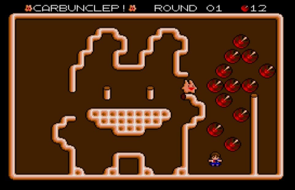 A screenshot of the first level of Carbuncle Pi, which features a traversible Carbuncle made from platforms, as well as 12 red gems to collect on the right side of the screen. You have to use those gems as platforms, as well, and collect them in the correct order, or else you won’t be able to complete the stage.