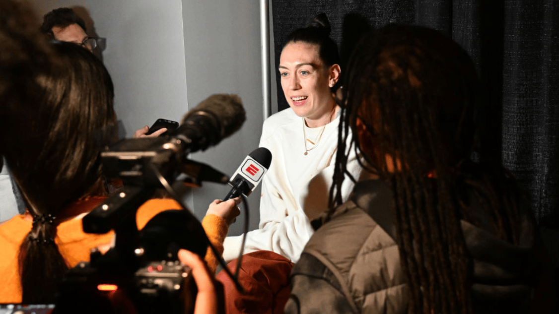Breanna Stewart #30 of the New York Liberty talks to the media during media availability at the 2024 WNBA Finals on October 17, 2024 in Minneapolis, Minnesota.