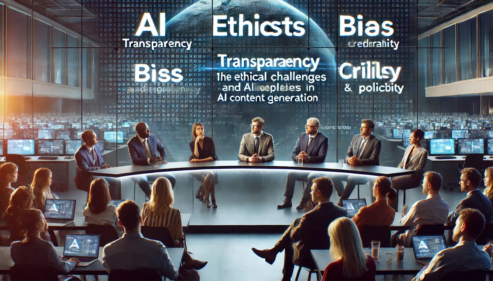 A panel discussion in a modern newsroom setting, with diverse journalists and AI ethicists debating the ethical implications of AI in journalism. A screen in the background shows keywords such as "transparency," "bias," and "credibility," emphasizing the ethical challenges and policies that need to be addressed in AI content generation.