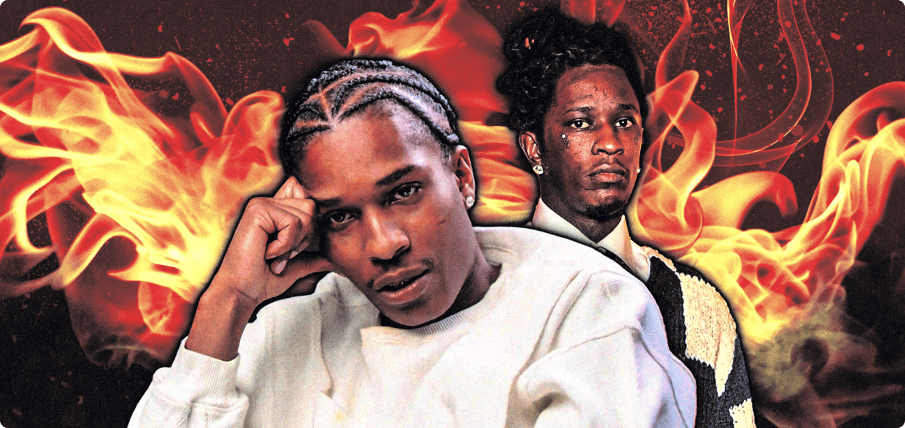 A$AP Rocky and Young Thug with flames behind them