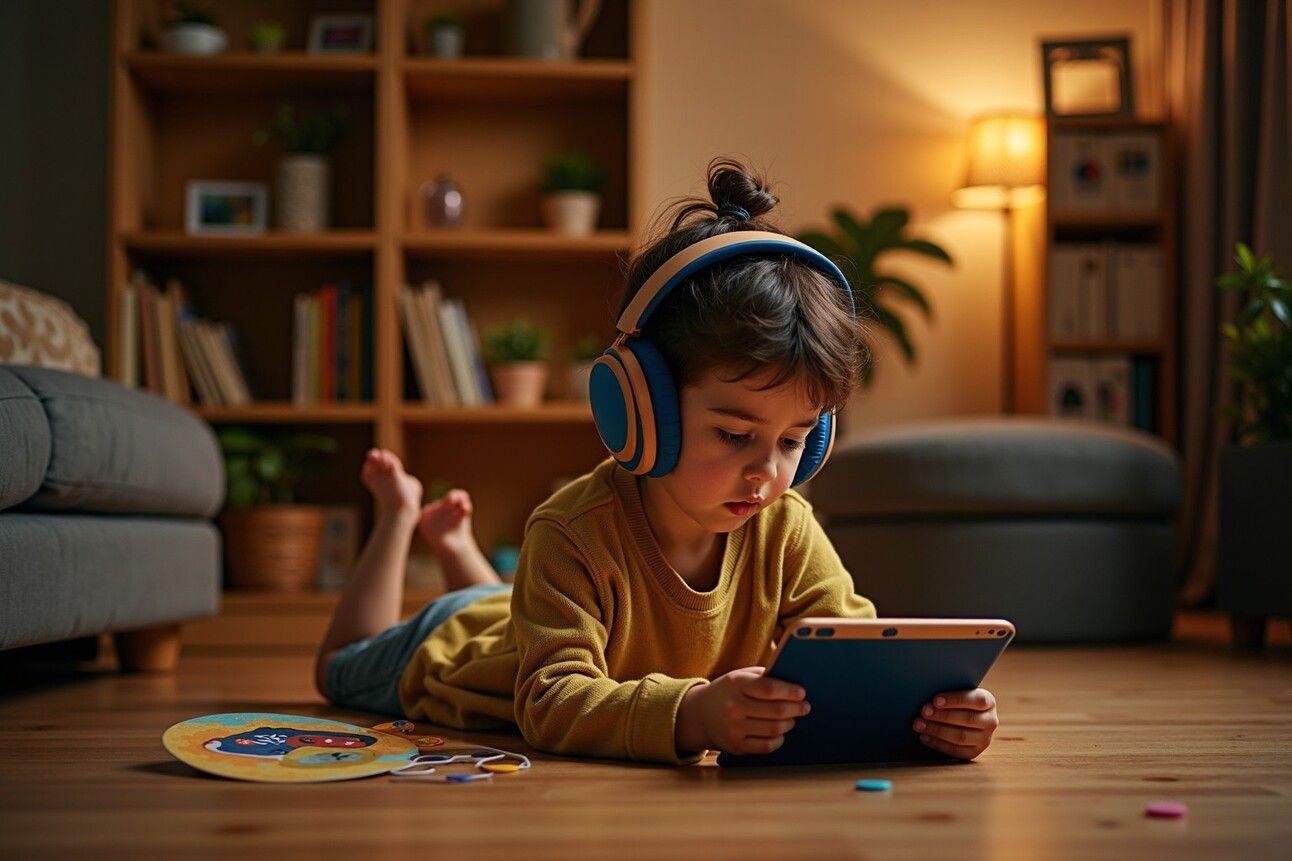 Enfant concentré avec casque audio utilisant une tablette éducative, illustration de l’apport des technologies pour l’attention et l’apprentissage TDAH