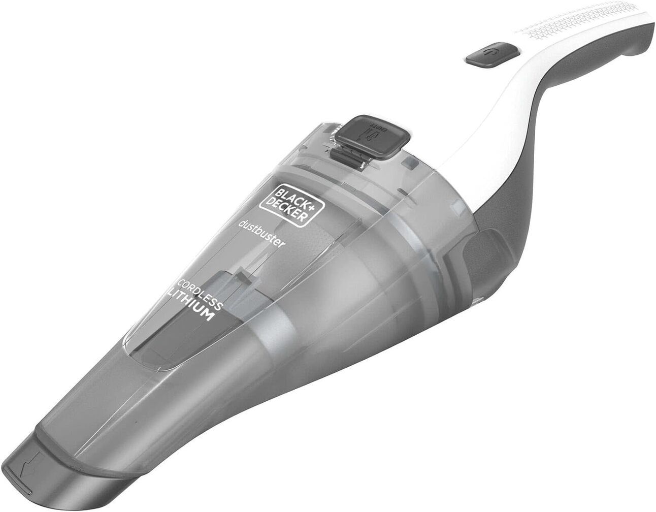 Black+Decker Dustbuster Handheld Vacuum – A sleek, cordless handheld vacuum being used to clean crumbs off a sofa cushion. The translucent dustbin and ergonomic grip are prominently displayed.