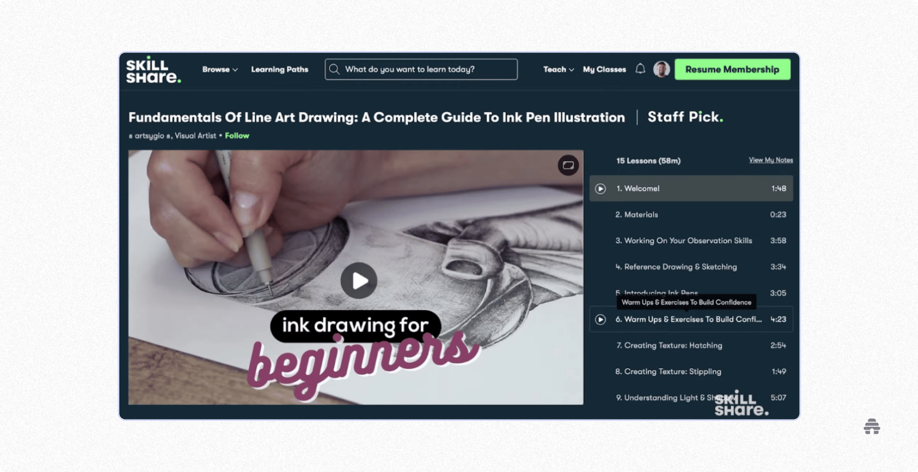 Skillshare course page showing a line art drawing class with video lessons and curriculum for creators learning illustration skills.