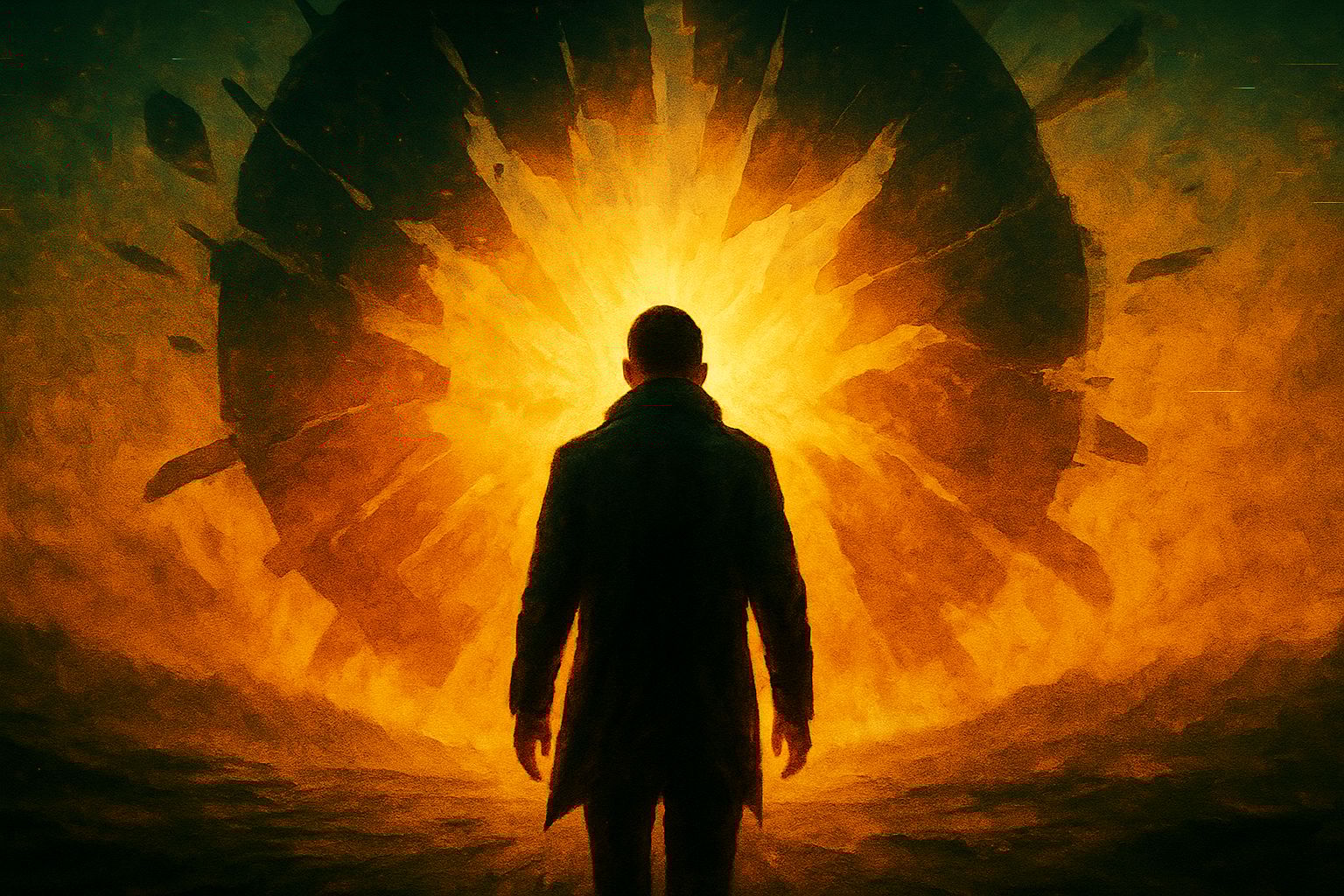 A silhouetted figure stands before a radiant, fiery portal—symbolizing the moment we step beyond comfort and into the unknown intelligence of artificial systems. The scene evokes mystery, courage, and transformation.