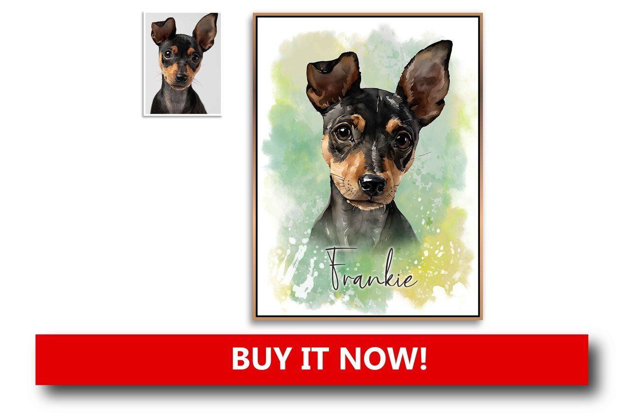Personalized Pet & Owner Portraits Alt text: A framed custom illustration of a woman and her dog in festive outfits, drawn in a watercolor style and displayed on a cozy mantel with holiday decor.