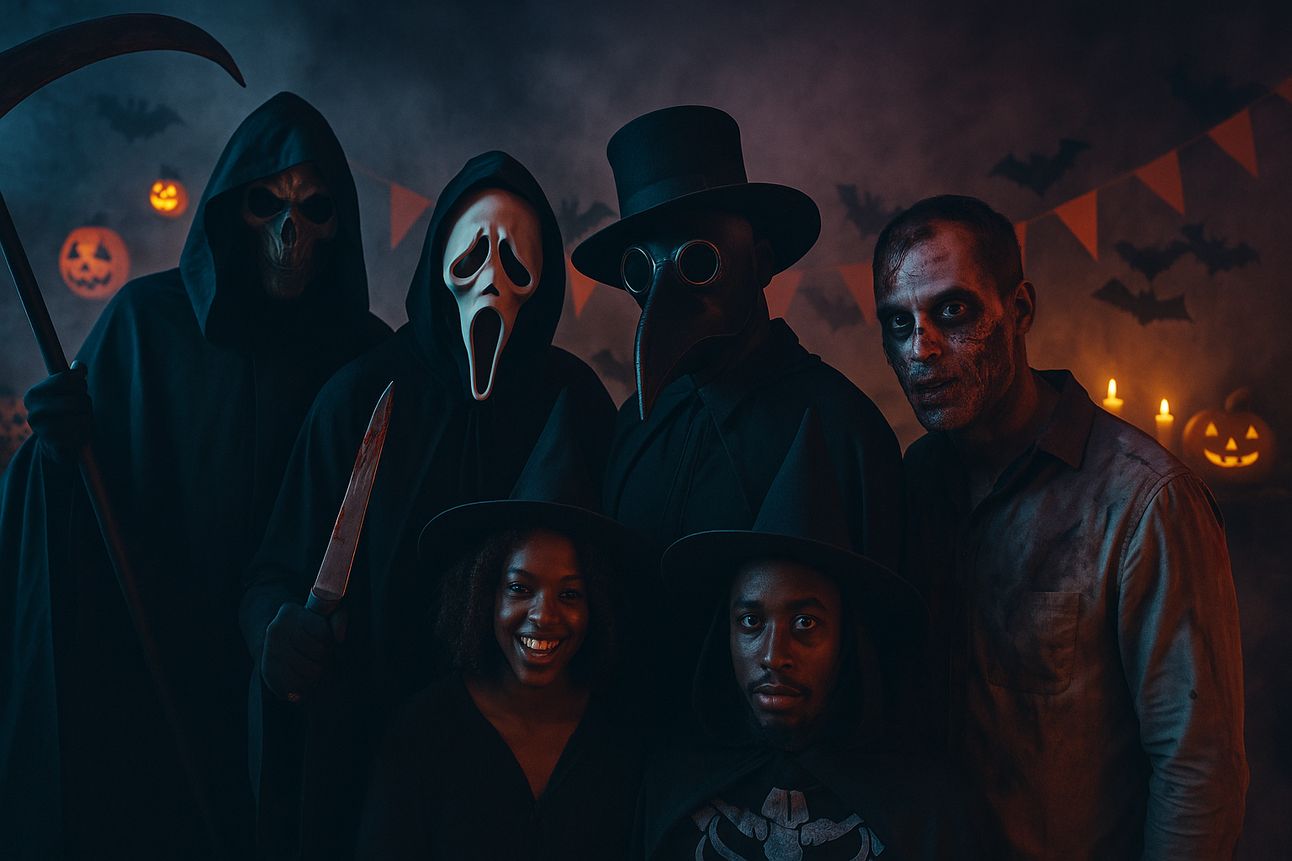 Four men in terrifying Halloween costumes pose in a dimly lit, fog-filled room with spooky decorations. The costumes include a Grim Reaper with a scythe, a masked killer resembling Ghostface with a large knife, a plague doctor with a long beaked mask and top hat, and a gory zombie with blood-streaked skin and tattered clothing. The background features glowing candles, jack-o'-lantern lights, bat cutouts, and orange pennant banners, creating an eerie and atmospheric scene.