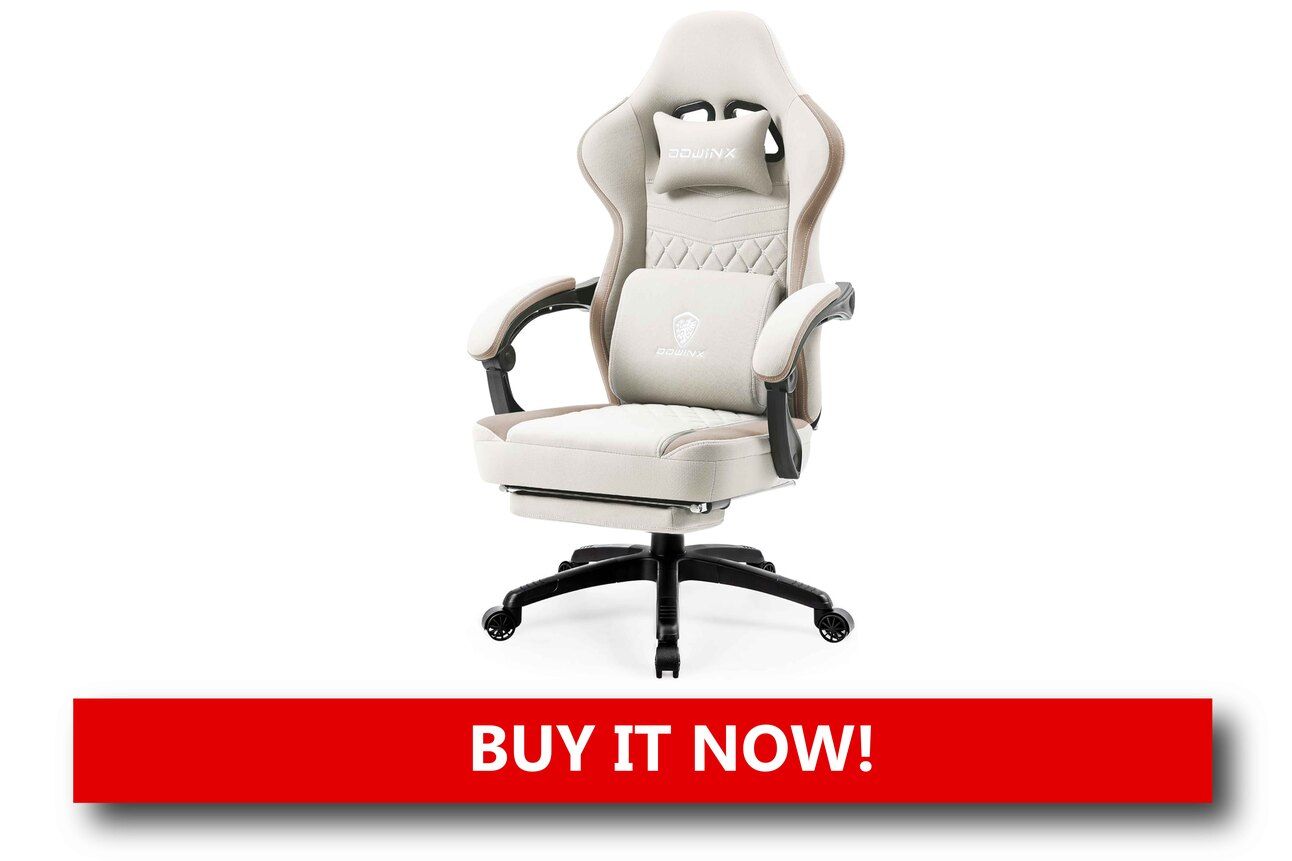 Gaming Chairs That Support Long Sessions A black-and-red racing-style gaming chair with adjustable armrests and lumbar support positioned in front of a full gaming setup with triple monitors.