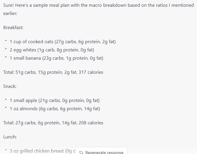 ChatGPT providing custom meal plan and groceries list