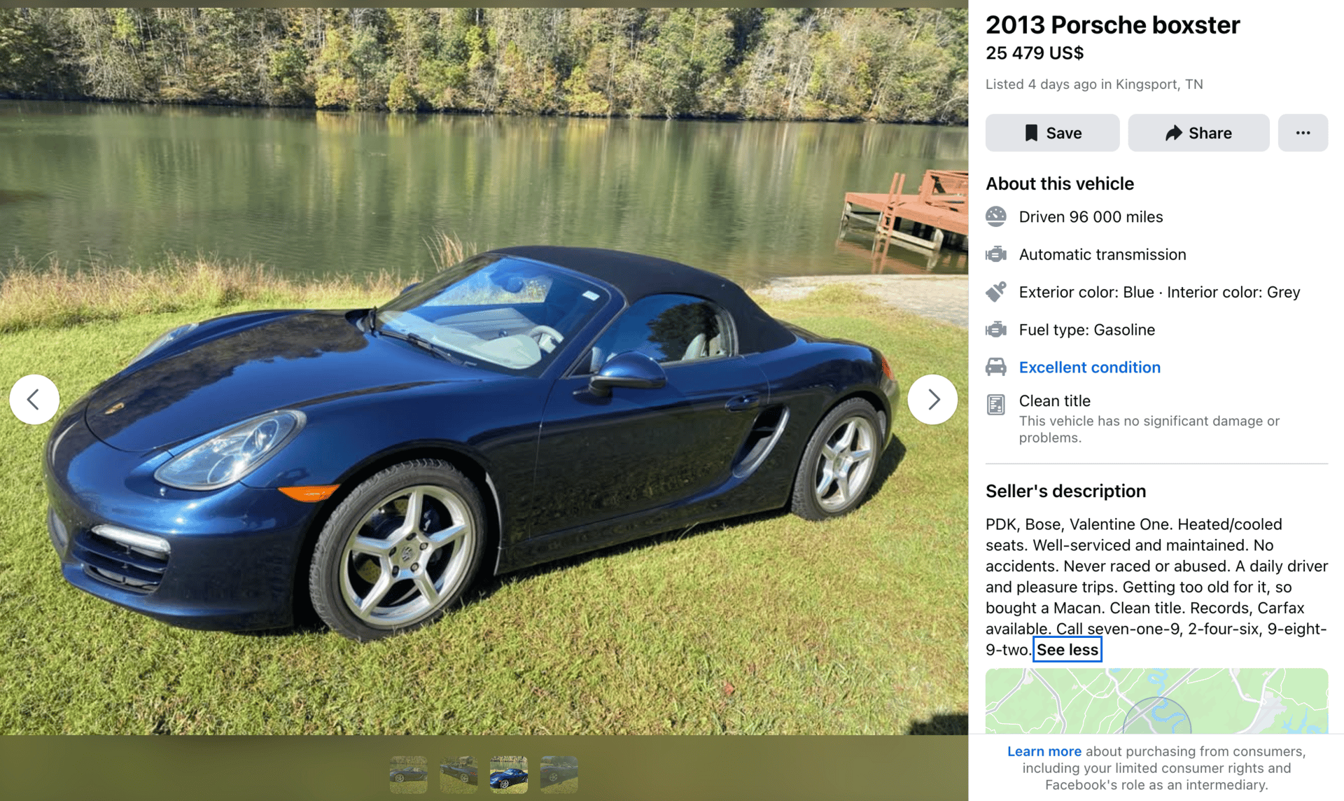 Facebook Marketplace listing for 2013 Porsche 981 Boxster with clean Carfax and service records from private seller