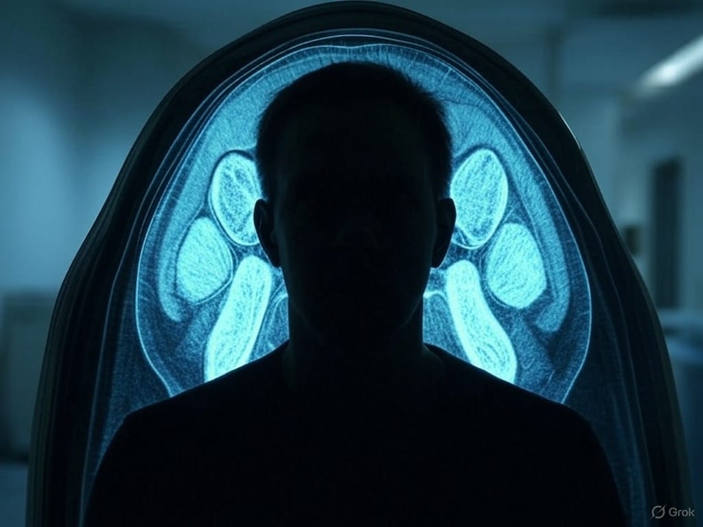 A shadowy human silhouette stands in front of a large, circular CT scan image displaying a cross-sectional view of a body. The scan glows in shades of blue, highlighting internal structures, while the background features a clinical, futuristic setting with medical equipment, emphasizing the intersection of advanced technology and health risks.