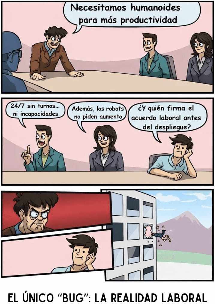 Comic satírico donde jefe propone usar humanoides para productividad y empleado es lanzado por la ventana al plantear firmar un acuerdo laboral.